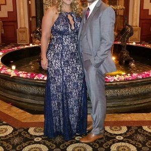 Navy glitter lace and nude halter dress